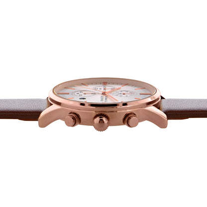 Thomas & George Ottawa 43 Quartz Chronograph Watch | 43mm Round Rose-Gold-Tone Case & Silver Dial | 20mm Brown Leather Strap