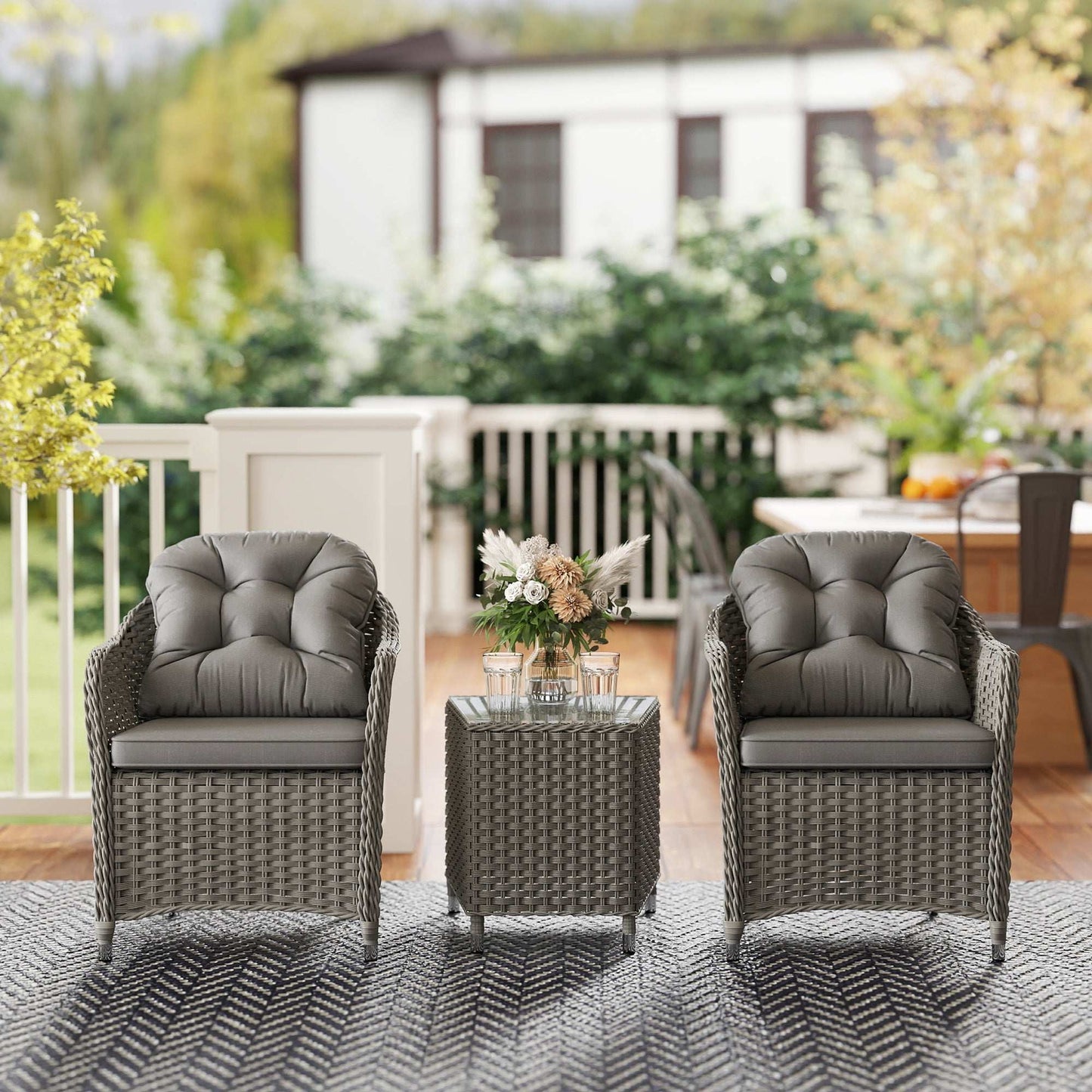 Outsunny 3 Pieces Rattan Bistro Set , Glass Top Balcony Table and Chairs with Cushions for Outdoor, Patio, Balcony, Light Grey