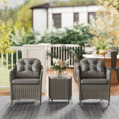 Outsunny 3 Pieces Rattan Bistro Set , Glass Top Balcony Table and Chairs with Cushions for Outdoor, Patio, Balcony, Light Grey
