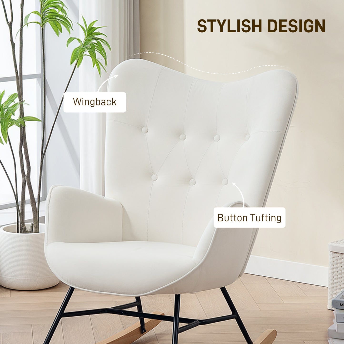 Rocking Chair, Modern Upholstered Velvet Armchair with Solid Wood Legs and Metal Frame, Cream