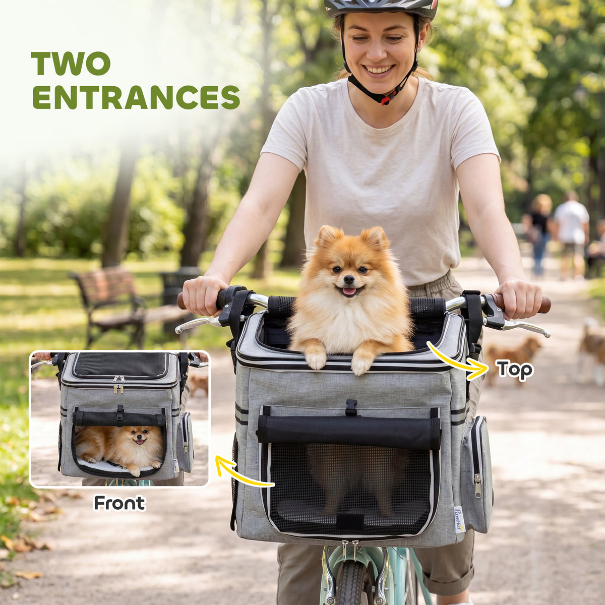 Dog Bike Basket Soft-Sided Pet Carrier | Security Leash | Mesh Doors & Windows | Plush Cushion | Roller Blind | Side Pockets | Includes Bowl | 5kg Capacity | 33x26x35cm | 300D Cloth | Light Grey