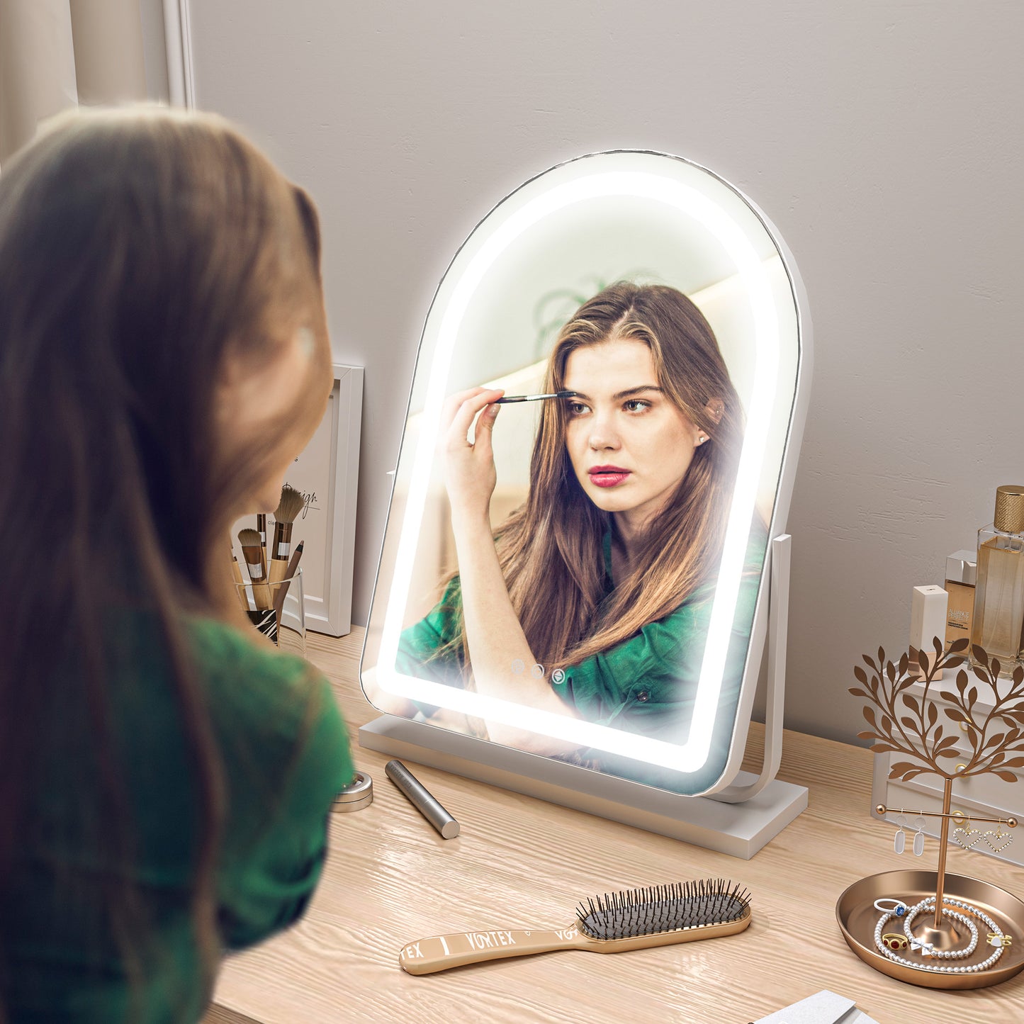 LED Vanity Mirror with Lights, 43 x 59cm Lighted Makeup Mirror with 3 Colour, 360° Rotation, Touch Screen, White