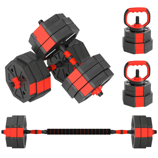 SPORTNOW 4-in-1 Adjustable Weight Dumbbells Set, Used as Kettlebell, Barbell, Dumbbell, Push-Up Stand, 30kg Free Weights Set for Men and Women Home Gym Training, Red
