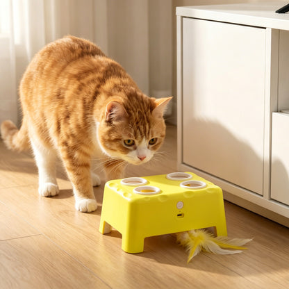 3-in-1 Interactive Cat Toy | Popping Mouse | Spinning Feather | USB-C | 15-Min Auto-Rest | Multi-Cat | Yellow