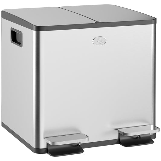 30L Dual Compartment Stainless Steel Bin, with Deodoriser Holders - Silver Tone