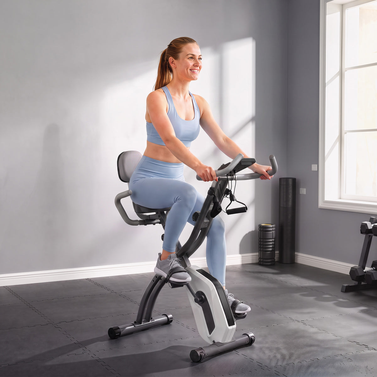 4-in-1 Folding Exercise Bike | Upright & Recumbent | Resistance Bands | Bluetooth App Compatible | 8-Level Magnetic Resistance | 40dB | LCD Display | Folds to 53.5x48x135cm | 120kg | Grey