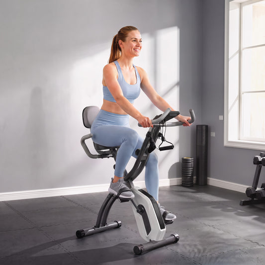 4-in-1 Folding Exercise Bike | Upright & Recumbent | Resistance Bands | Bluetooth App Compatible | 8-Level Magnetic Resistance | 40dB | LCD Display | Folds to 53.5x48x135cm | 120kg | Grey
