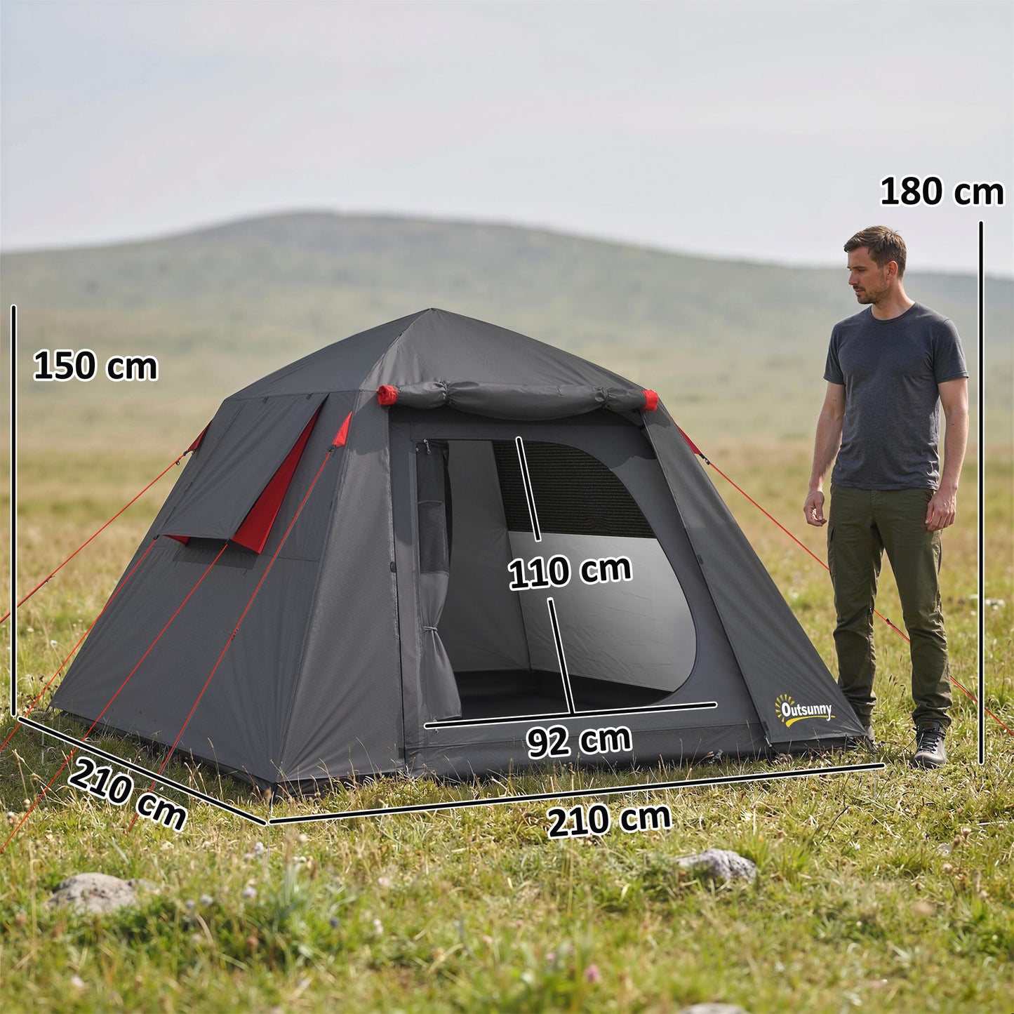 2-Person Camping Tent | 3000mm Waterproof | 2 Large Doors | 2 Windows | Internal Pocket & Lantern Hook | Folds to 80 x 18 x 18cm | 210 x 210 x 150cm | Dark Grey & Red