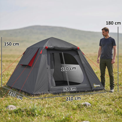 2-Person Camping Tent | 3000mm Waterproof | 2 Large Doors | 2 Windows | Internal Pocket & Lantern Hook | Folds to 80 x 18 x 18cm | 210 x 210 x 150cm | Dark Grey & Red