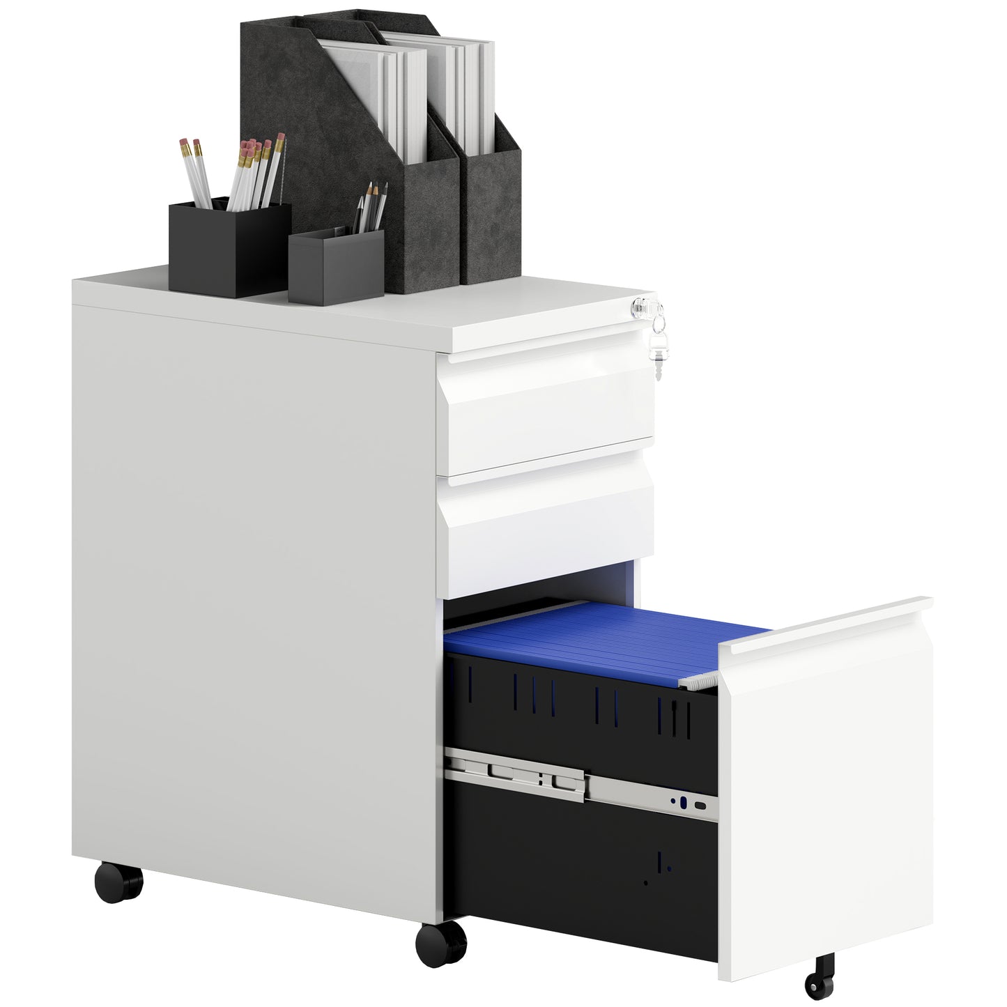 3 Drawer Slim Mobile Steel Filing Cabinet | Under Desk | 30x43.5x60cm | Lockable | A4 Legal Letter | Pencil Tray | 5 Casters Anti-Tip | Printer Stand | 30kg | White