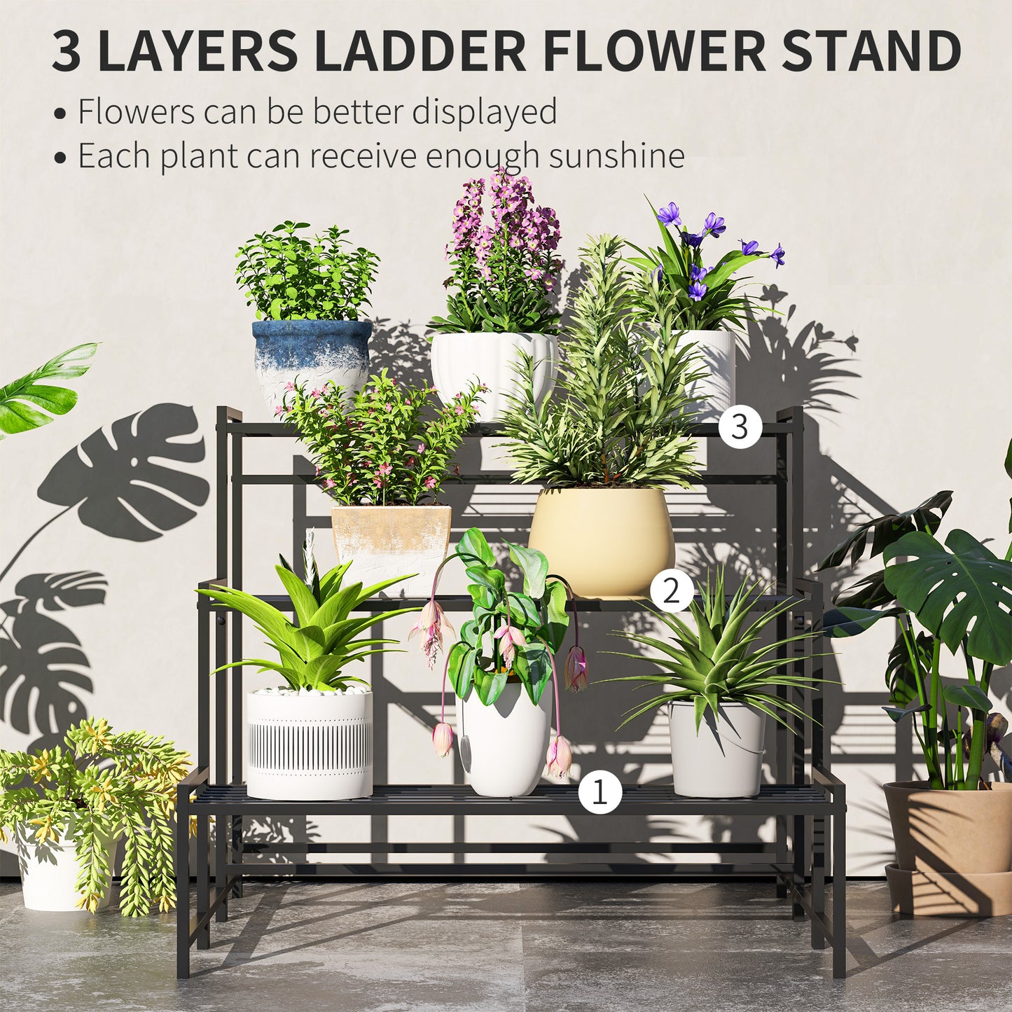 3-Tier Metal Plant Stand, Modern Ladder Shelf Flower Pot Holder for Indoor Outdoor, Display Shelf Rack for Garden Patio Balcony, Black