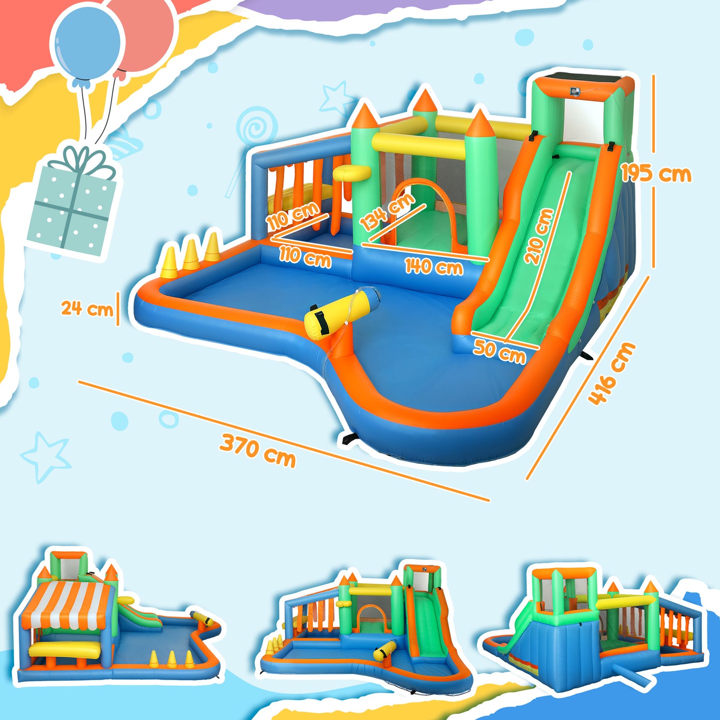 8 in 1 Inflatable Bounce House Bouncy Castle with 680W Blower, Slide, 2 Pools, Basketball Hoop, Climbing Wall, Water Gun, Ring Toss