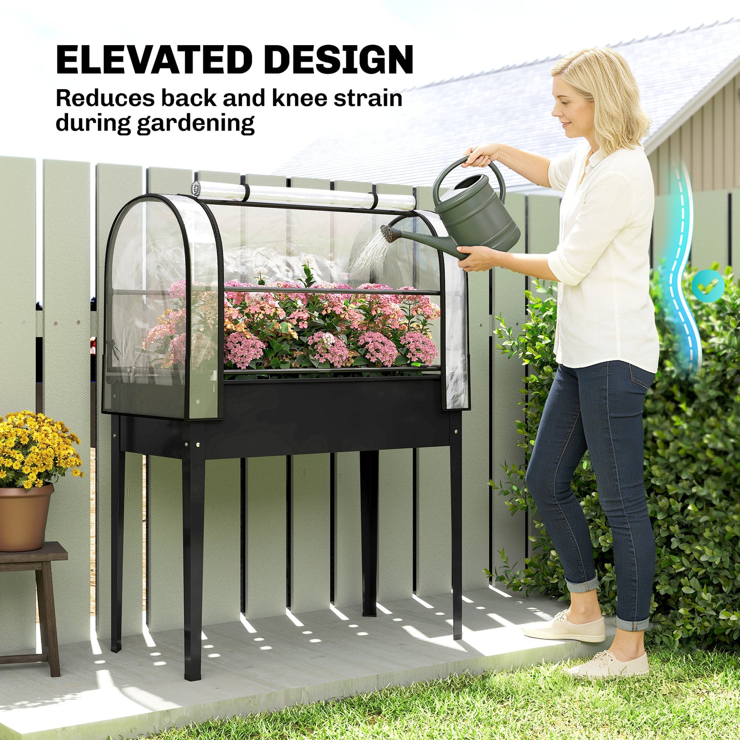 Raised Garden Bed on Legs with Flip-Up Greenhouse Cover | Transparent | Zipped Roll-Up Door | Removable Cover | 0.6mm Metal | Drainage Hole | 80kg | 100x49x136cm | Black