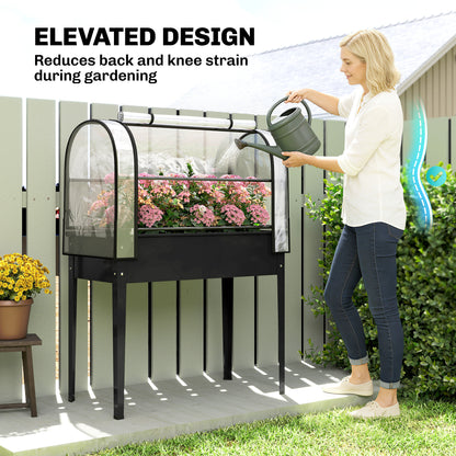 Raised Garden Bed on Legs with Flip-Up Greenhouse Cover | Transparent | Zipped Roll-Up Door | Removable Cover | 0.6mm Metal | Drainage Hole | 80kg | 100x49x136cm | Black
