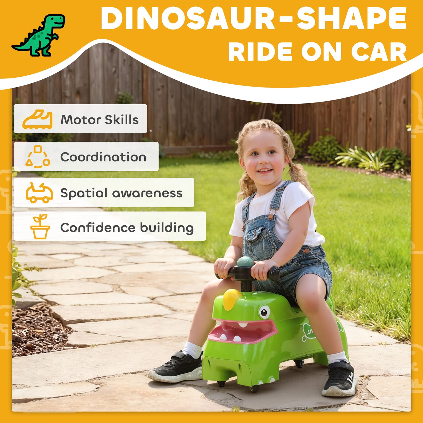 AIYAPLAY Kids Ride On Car, Dinosaur Foot to Floor Slider with Storage, Toddler Walker with Light, Sounds, Green