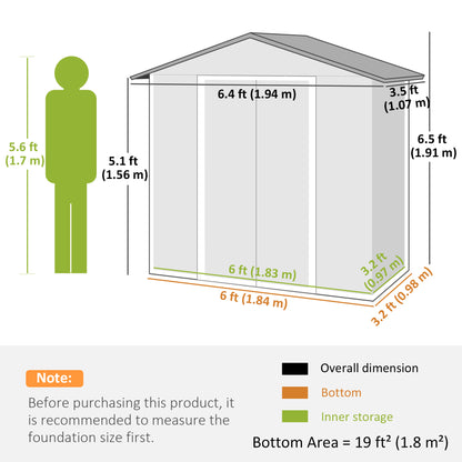 Galvanised Steel Garden Storage Shed | Double Sliding Lockable Door | 4 Vents | Sloped Roof | Steel Tile Roof & Walls | 194x107x191cm | 1.8m² | Light Grey