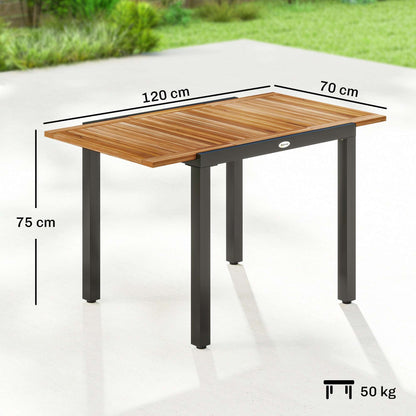 Expandable Acacia Wood Garden Dining Table | Black Powder-Coated Steel Frame | Extends 80-120cm | Adjustable Foot Pads | 50kg Capacity | No Assembly Required | 120x70x75cm | Natural & Black
