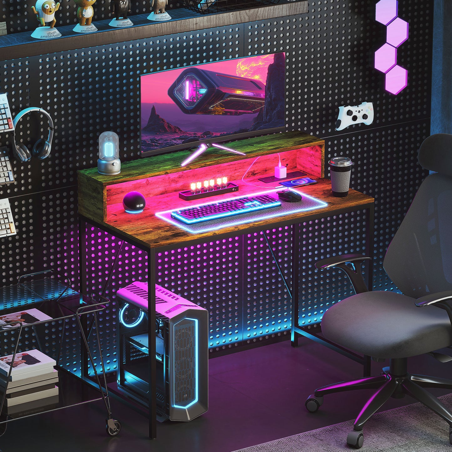 Computer Desk W/ LED Lights and Power Outlets, Gaming Desk W/ Monitor Stand, Computer Table with Remote for Home Office Study, Rustic Brown