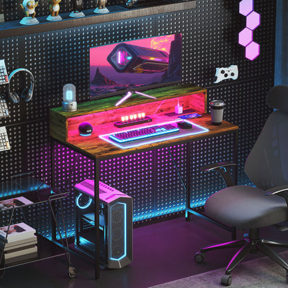Computer Desk W/ LED Lights and Power Outlets, Gaming Desk W/ Monitor Stand, Computer Table with Remote for Home Office Study, Rustic Brown