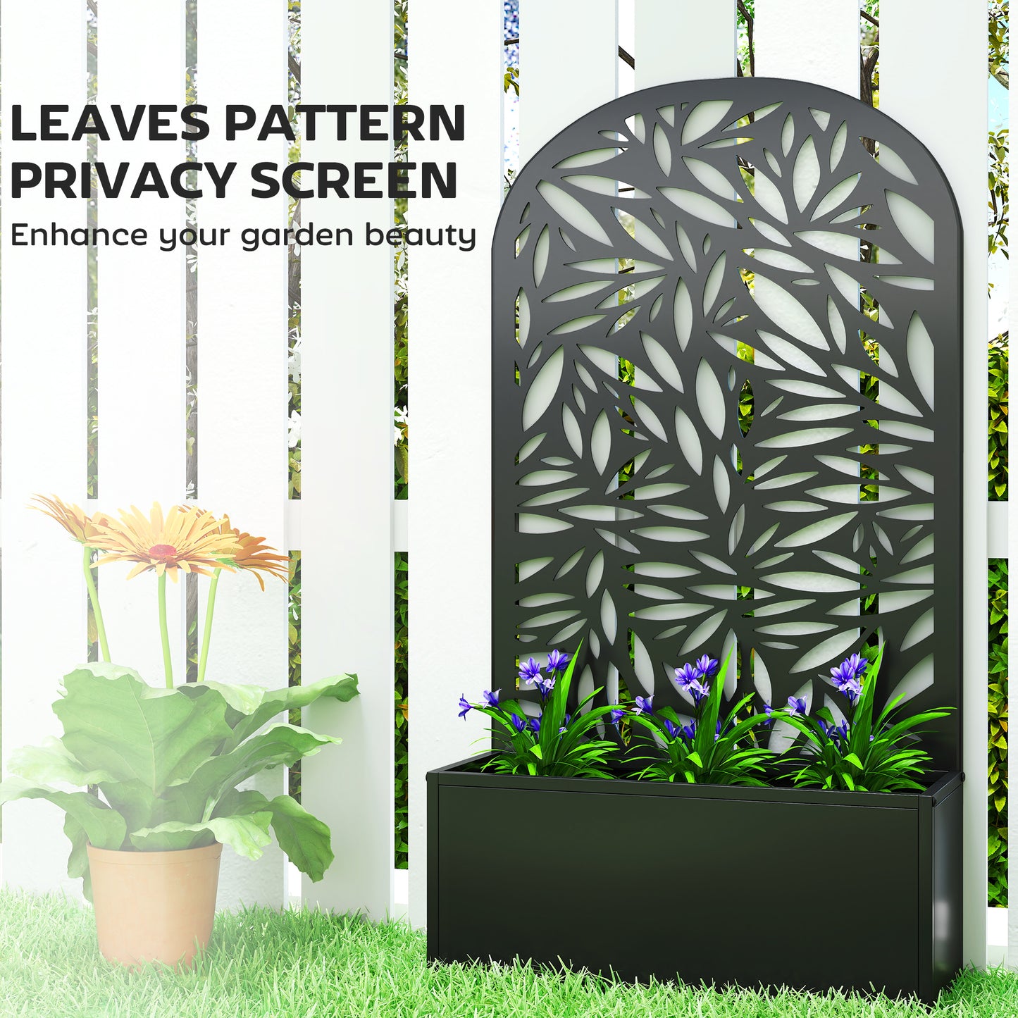 Metal Raised Planter with Curved Leaf Trellis & Privacy Screen | Wall Mounted or Freestanding | 29L Soil | 50kg | Powder-Coated | 61x23x113cm | Climbing Plants | Black