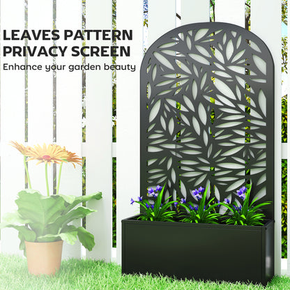 Metal Raised Planter with Curved Leaf Trellis & Privacy Screen | Wall Mounted or Freestanding | 29L Soil | 50kg | Powder-Coated | 61x23x113cm | Climbing Plants | Black