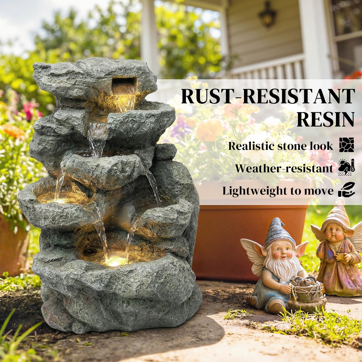 Compact 6-Tier Rock Design Garden Fountain | LED Lights | Adjustable Pump | Grey | 36.5cm
