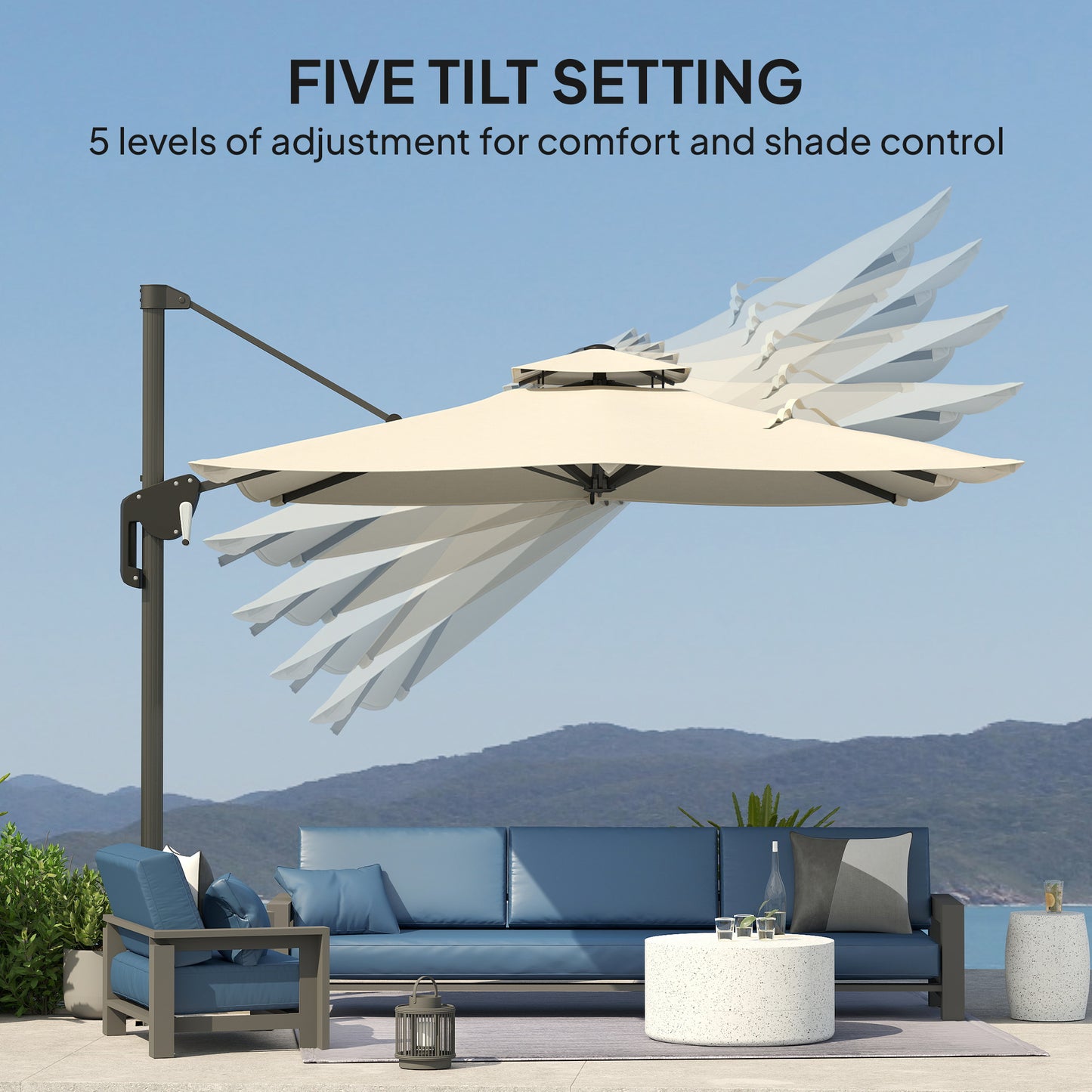 3.7 x 2.7 m Cantilever Parasol w/ 360° Rotation and Easy Tilt Adjustment, Aluminium Hanging Offset Outdoor Umbrella w/ Double Top and Cross Base, UPF50+ Hanging Sun Shade