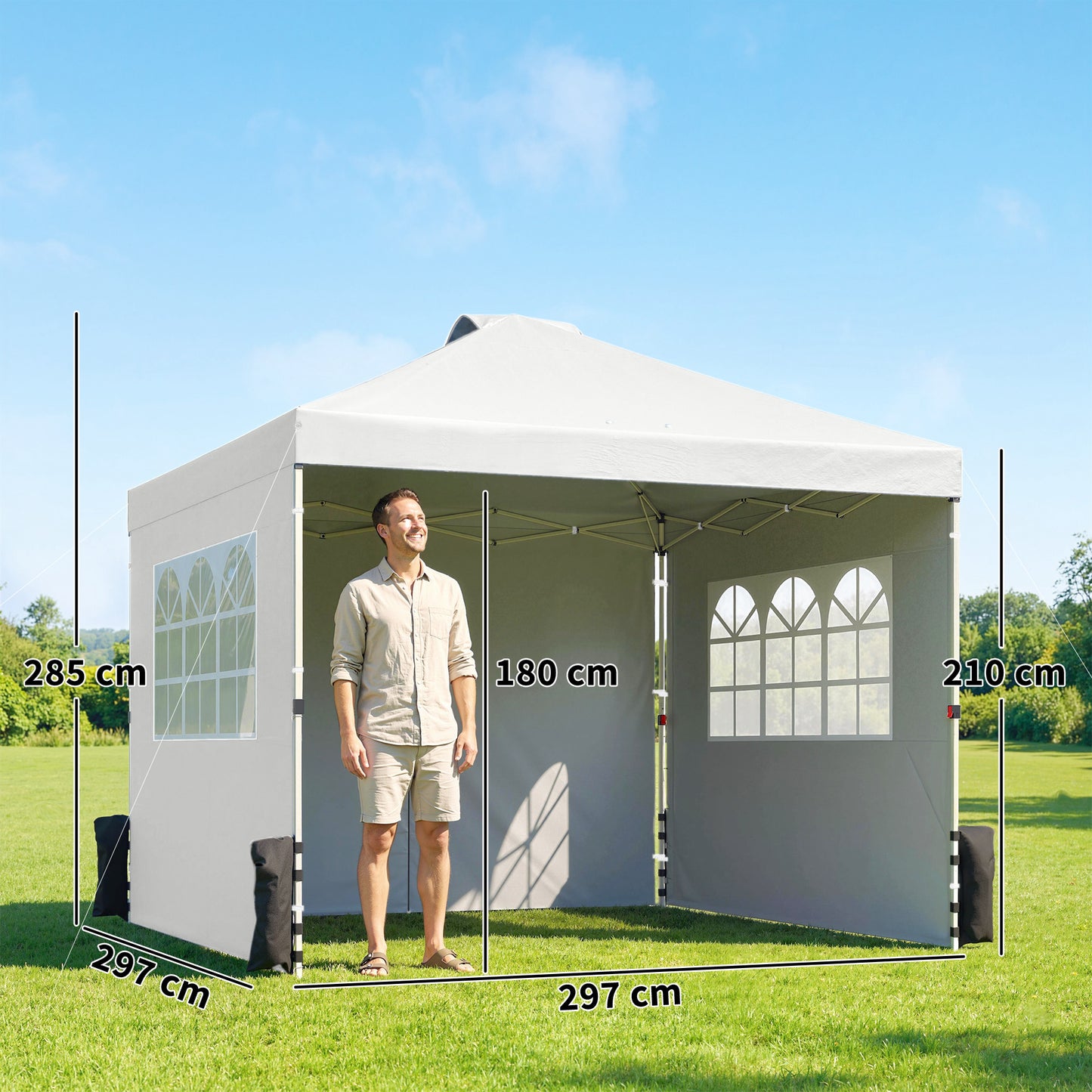 3x3m Pop-Up Canopy Gazebo | UPF50+ Waterproof 210D Oxford Fabric | 3 Detachable Sidewalls | 2 Church Windows | 2 Top Vents & 8 Drainage Holes | 3-Height Steel Frame to 285cm | 4 Guy Ropes & 12 Stakes | Wheeled Carry Bag | White