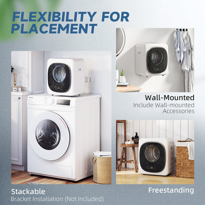 4kg Vented Tumble Dryer, 800W Compact Freestanding with 5 Drying Mode, Smart Sensor, Timer and Stainless Steel Tub, Wall-Mounted Portable Small Clothes Drying Machine, White