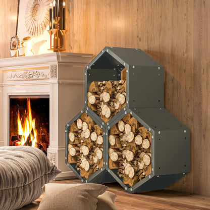 Outsunny Three-Shelf Hexagon Metal Firewood Log Storage Rack Holder Organiser - Grey