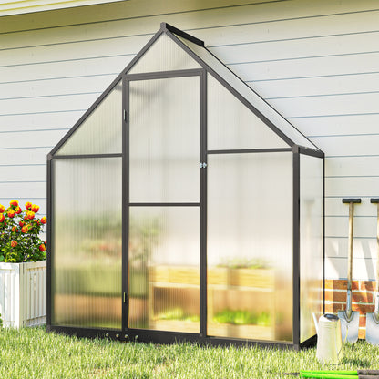 Outsunny Polycarbonate Greenhouse with Swing Door and Adjustable Window, Walk-in Greenhouse, 5.5 x 6.5ft, Black