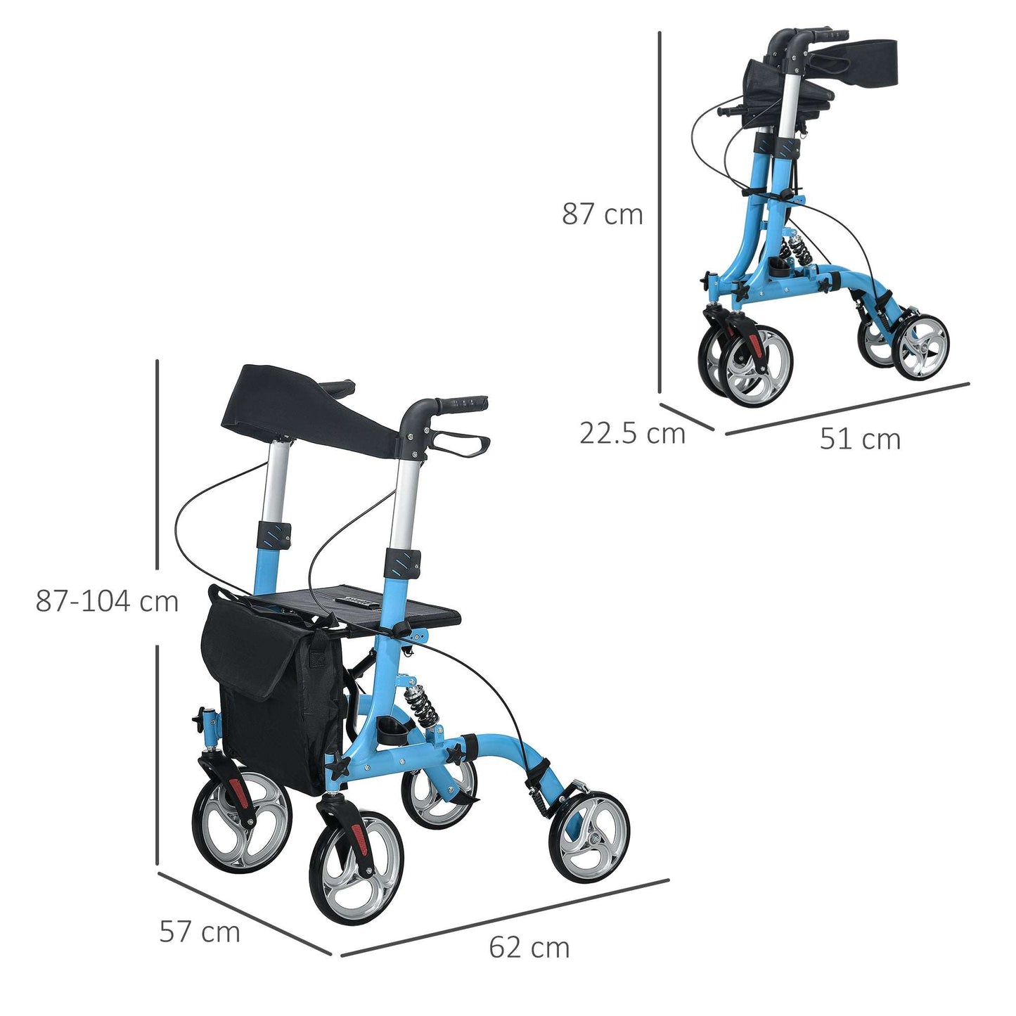4 Wheel Rollator With Seat & Back, Lightweight Folding With Large Wheels Carry Bag Adjustable Height