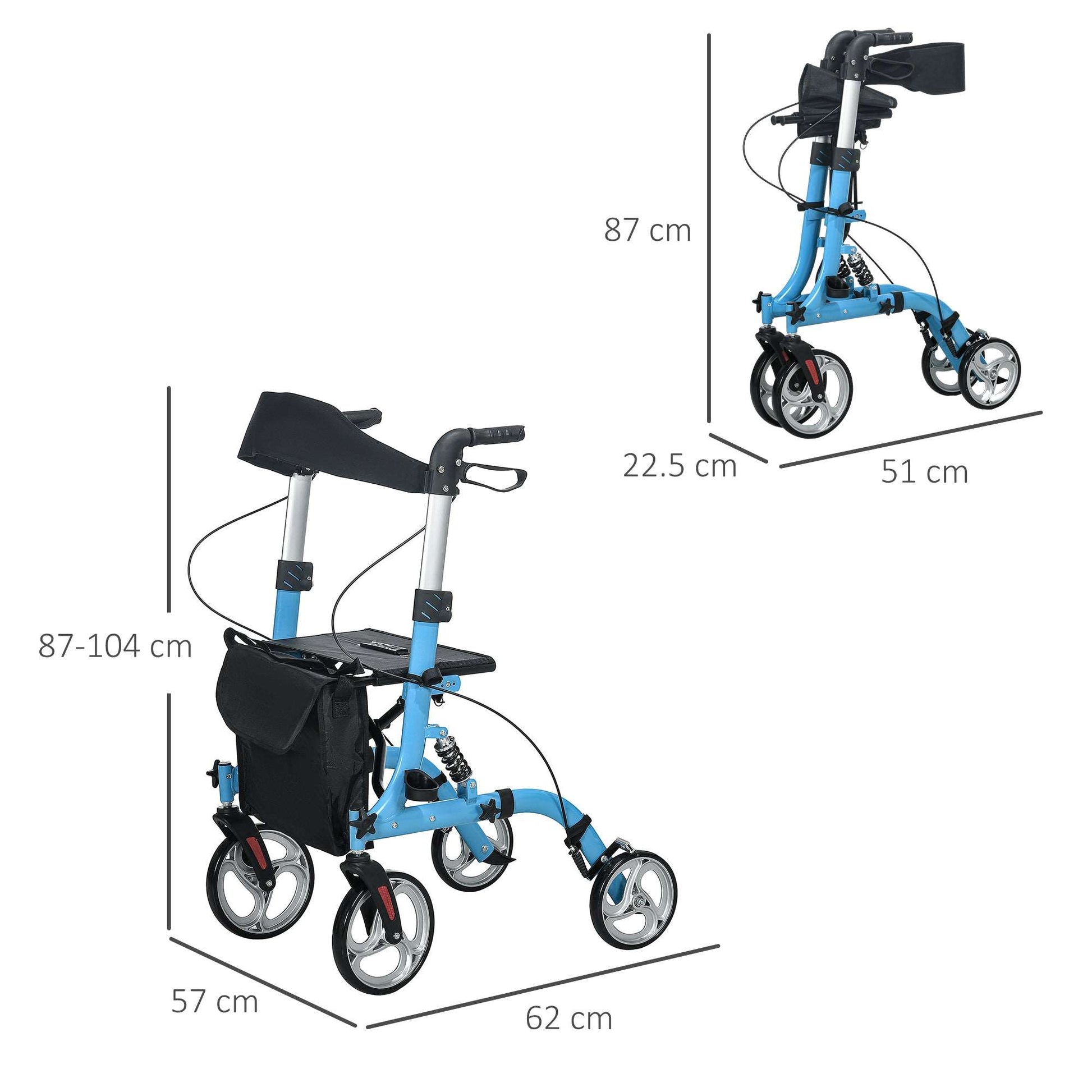4 Wheel Rollator With Seat & Back, Lightweight Folding With Large Wheels Carry Bag Adjustable Height
