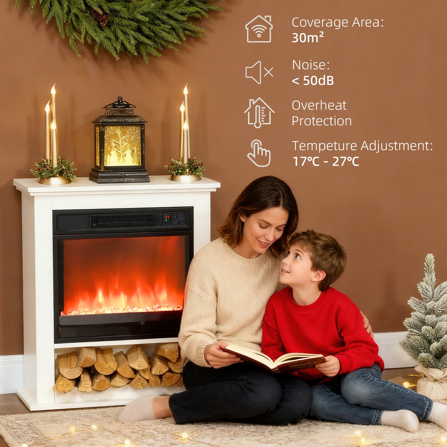 1800W Adjustable Faux Flame Electric Fireplace - White