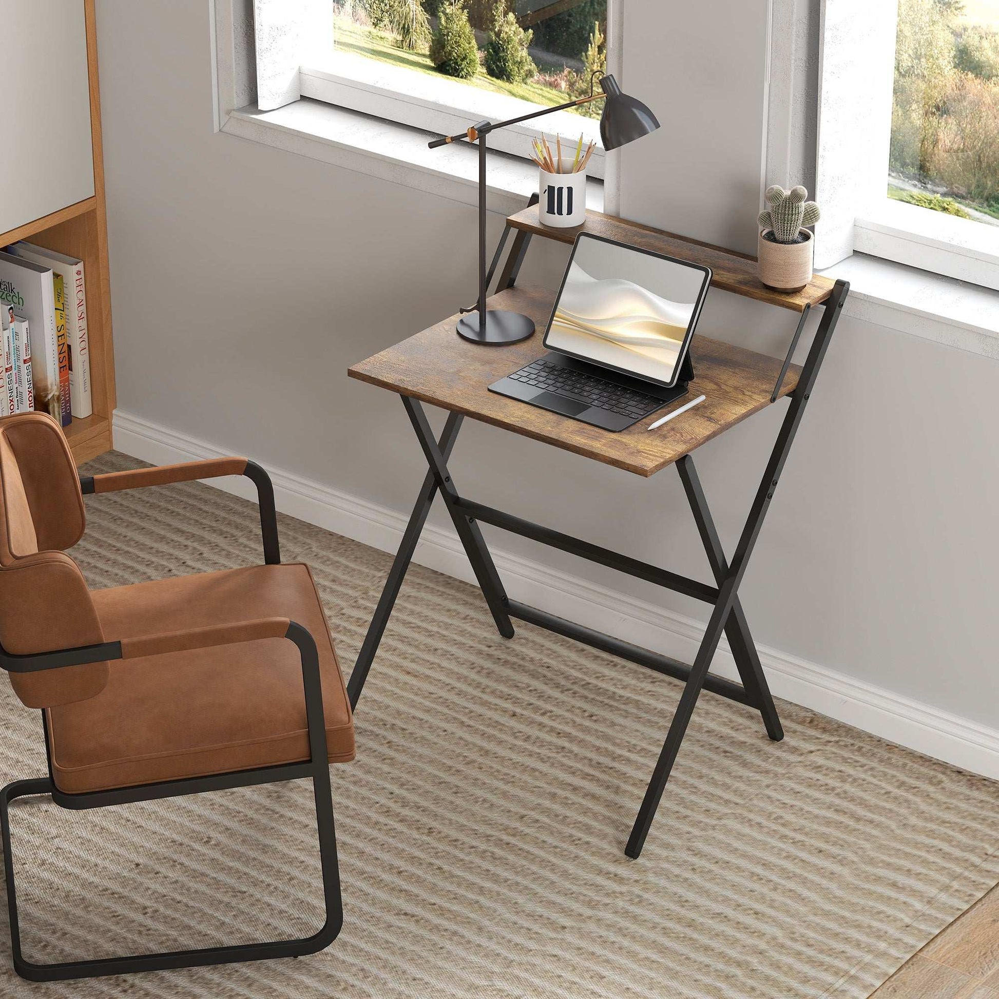 70 cm Folding Computer Desk with Monitor Shelf - Rustic Brown