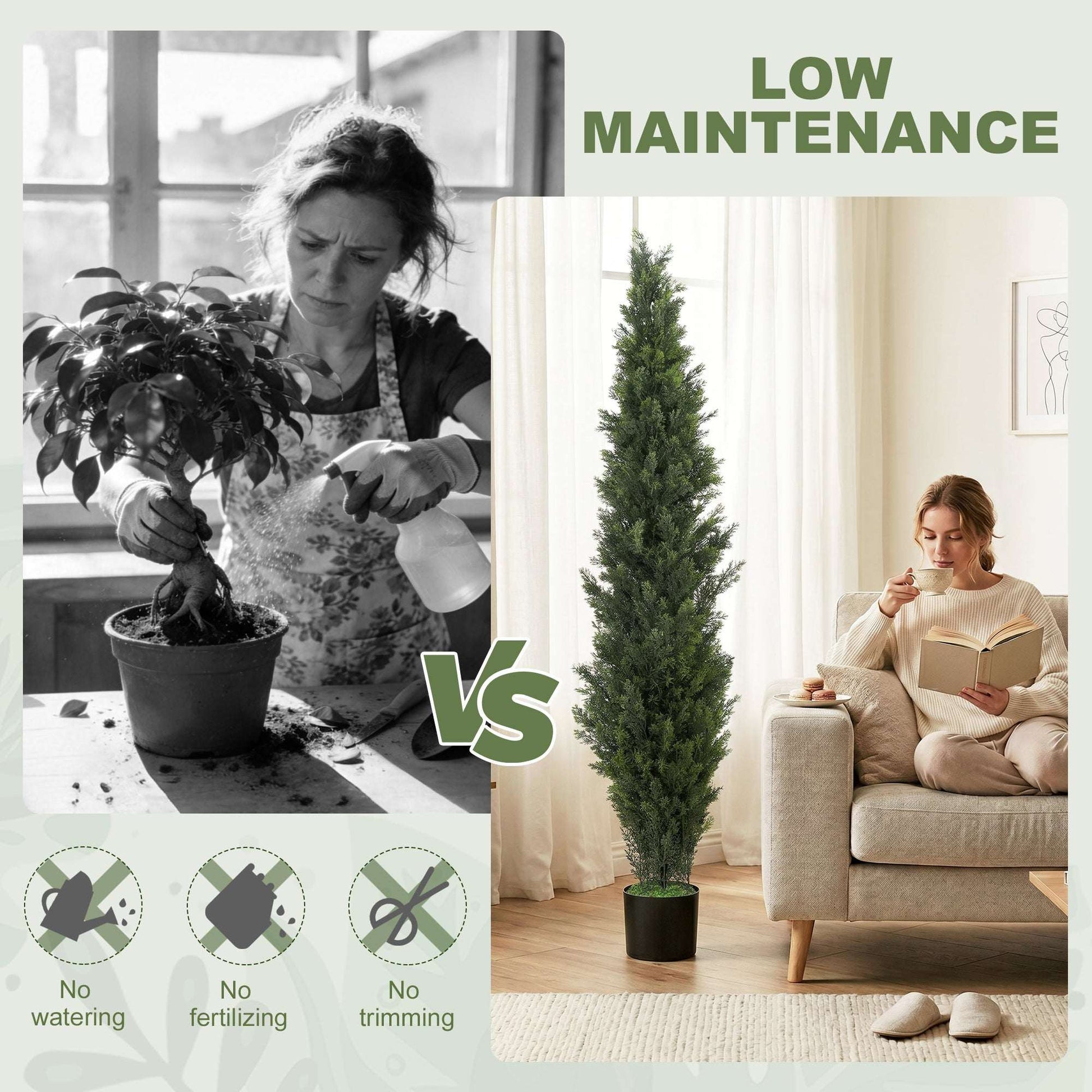Set of 2 Artificial Cypress Trees | 150cm | 2035 PE Leaves | Shapeable Branches | Cement Base | No Maintenance | Green