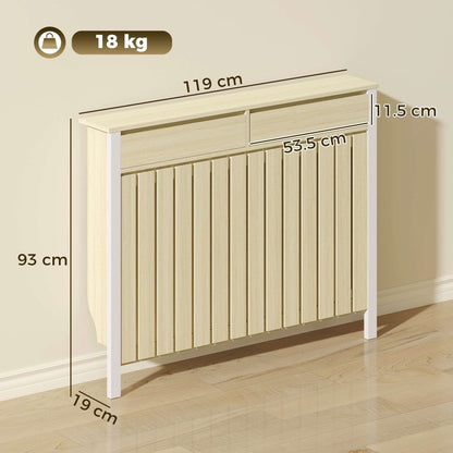 MDF & Particle Board Radiator Cover with 2 Drawers | Vertical Slats | Flat Top Display Surface | Wall Mountable | Pre-Cut Outs | 18kg Capacity | 119x19x93cm | Oak & White