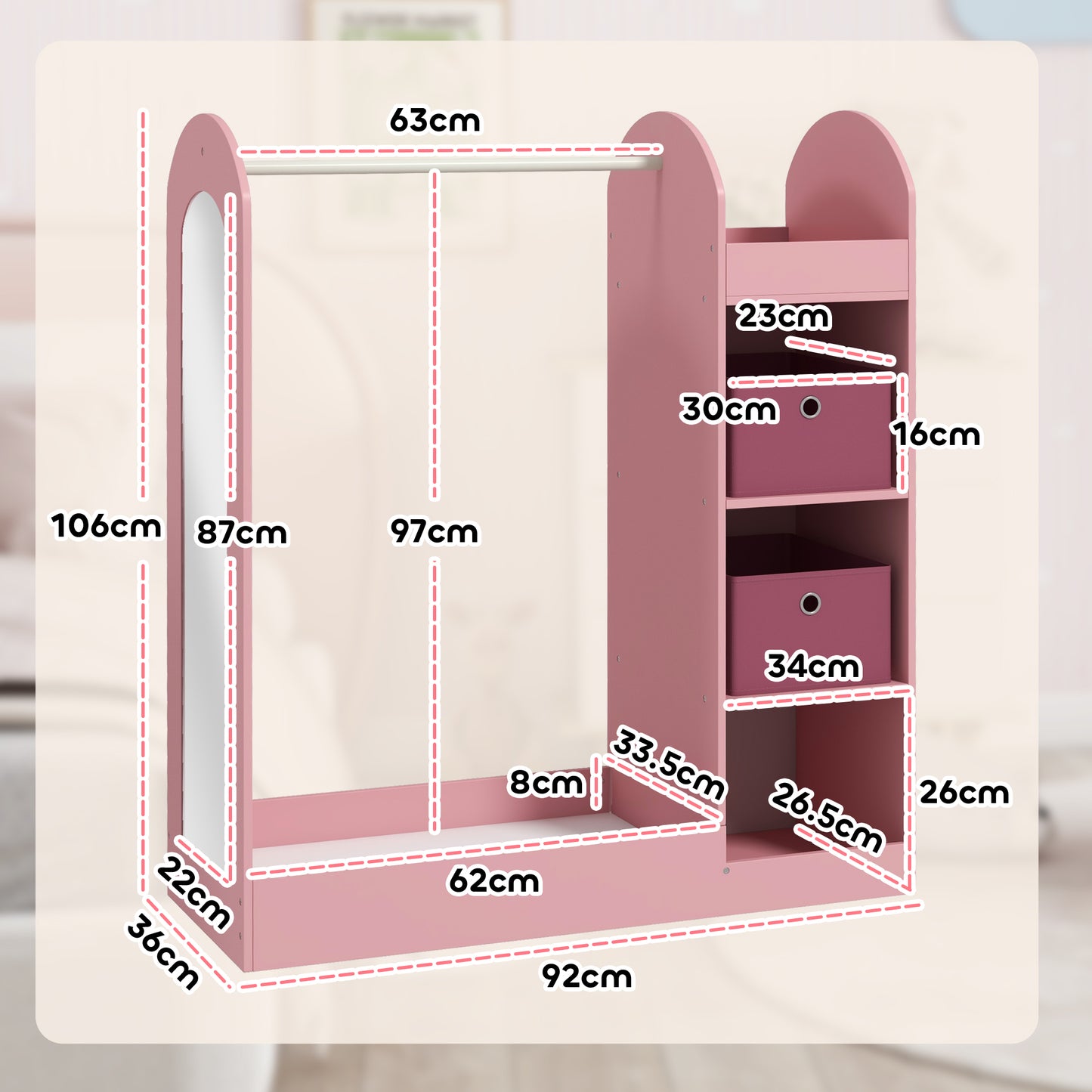 AIYAPLAY Kids Clothes Rail with Storage Shelf, Boxes, Mirror for Bedroom, Nursery, Pink