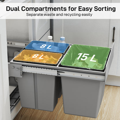 Under Sink Pull Out Bin 31L | 3 Removable Compartments 15L + 2x8L | Damped Metal Rails | Odour-Seal Lid | Child & Pet Resistant | For 400mm Cabinets | ABS PP | Light Grey | 48x34.3x35.1cm