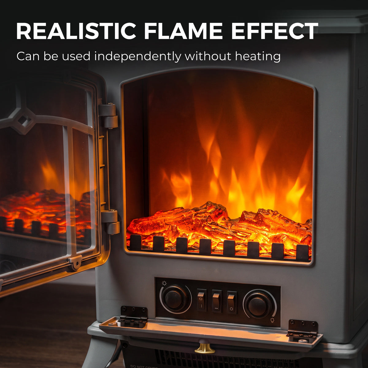 Grey Electric Fireplace Stove | 1000W/2000W Freestanding Heater | Dimmable LED Log Flame | 10–35°C Thermostat | Gold-Tone Handle
