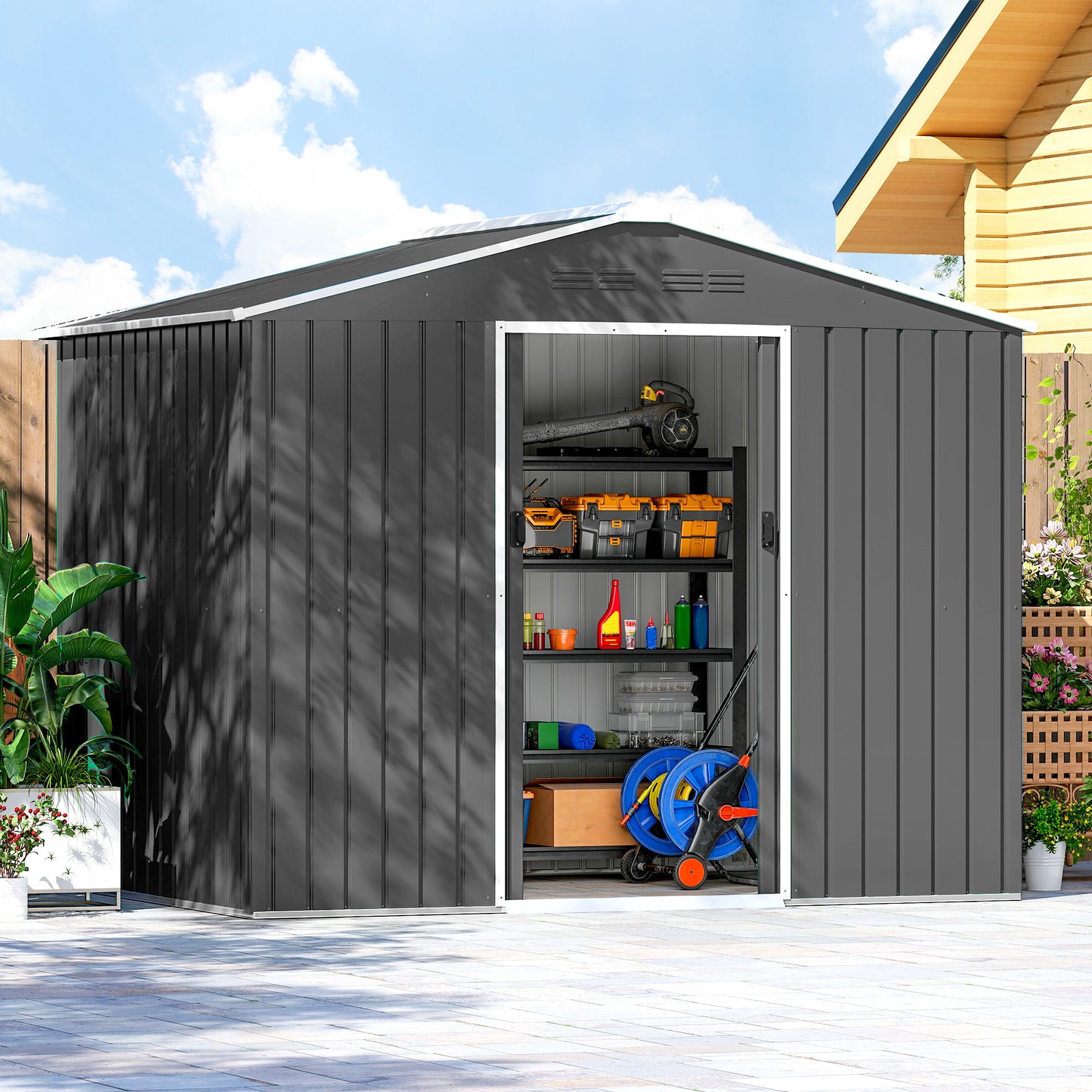 Large Galvanised Steel Garden Storage Shed | Double Sliding Door | 4 Ventilation Slots | Sloped Roof | 20kg/m² Snow Load | 236x171x191cm | Bikes Scooters Tools & Bins | Dark Grey