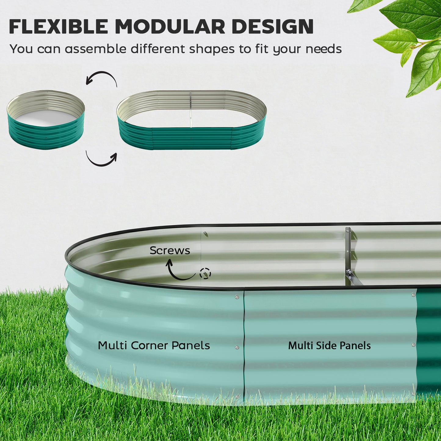 Flexible Galvanised Steel Raised Garden Bed | Safety Rubber Edging | Open Bottom | Configurable Round Oval or Oblong | 180x90x30cm | For Flowers Herbs & Succulents | Light Green