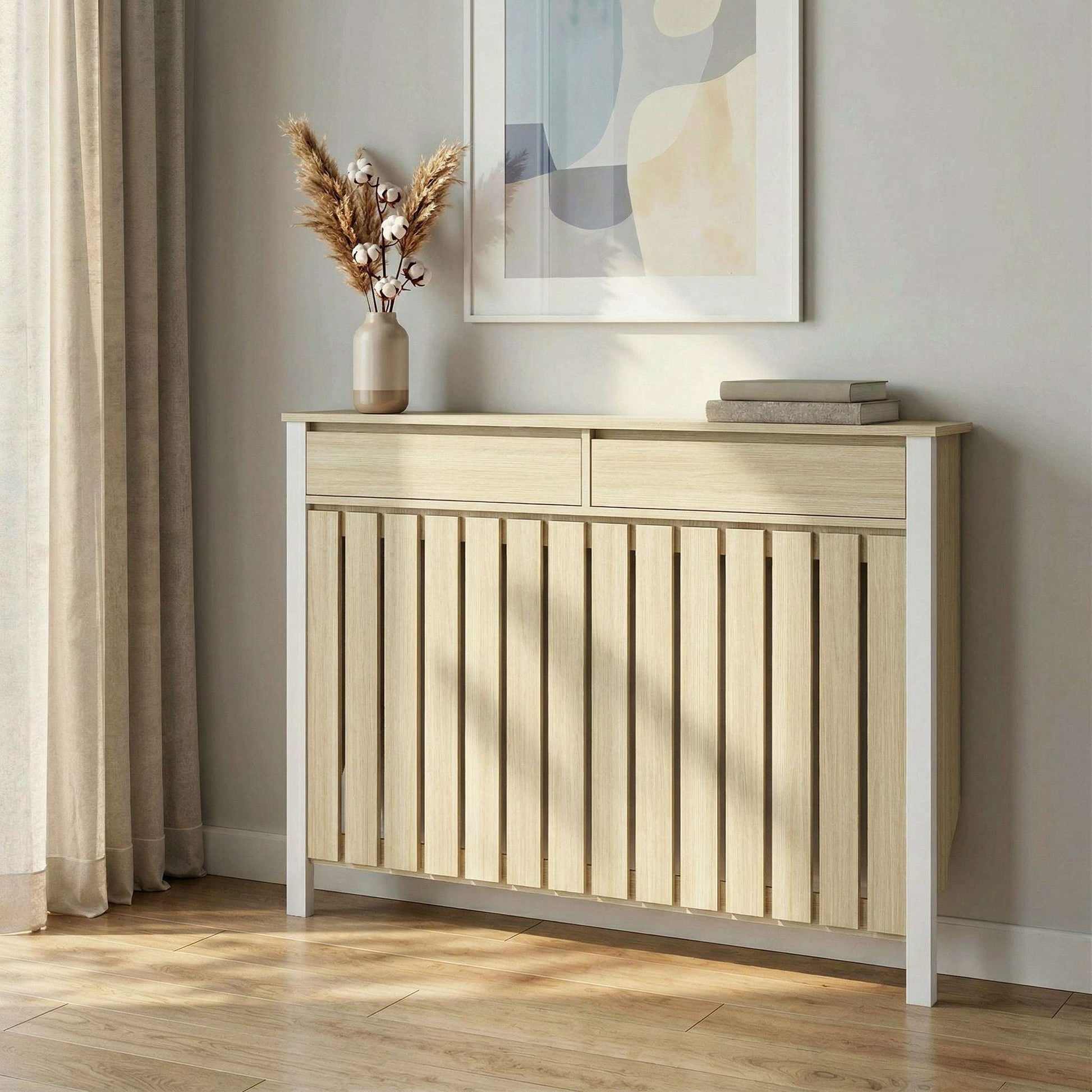 MDF & Particle Board Radiator Cover with 2 Drawers | Vertical Slats | Flat Top Display Surface | Wall Mountable | Pre-Cut Outs | 18kg Capacity | 119x19x93cm | Oak & White