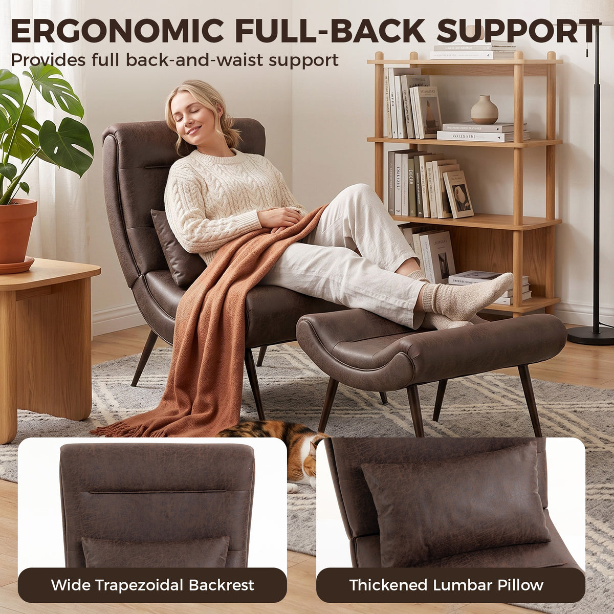 Dark Brown Accent Chair with Footstool | Upholstered Lounge Chair, Lumbar Pillow & Vintage Style | 120kg