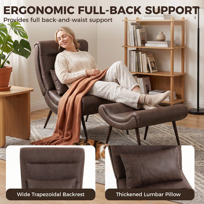 Dark Brown Accent Chair with Footstool | Upholstered Lounge Chair, Lumbar Pillow & Vintage Style | 120kg