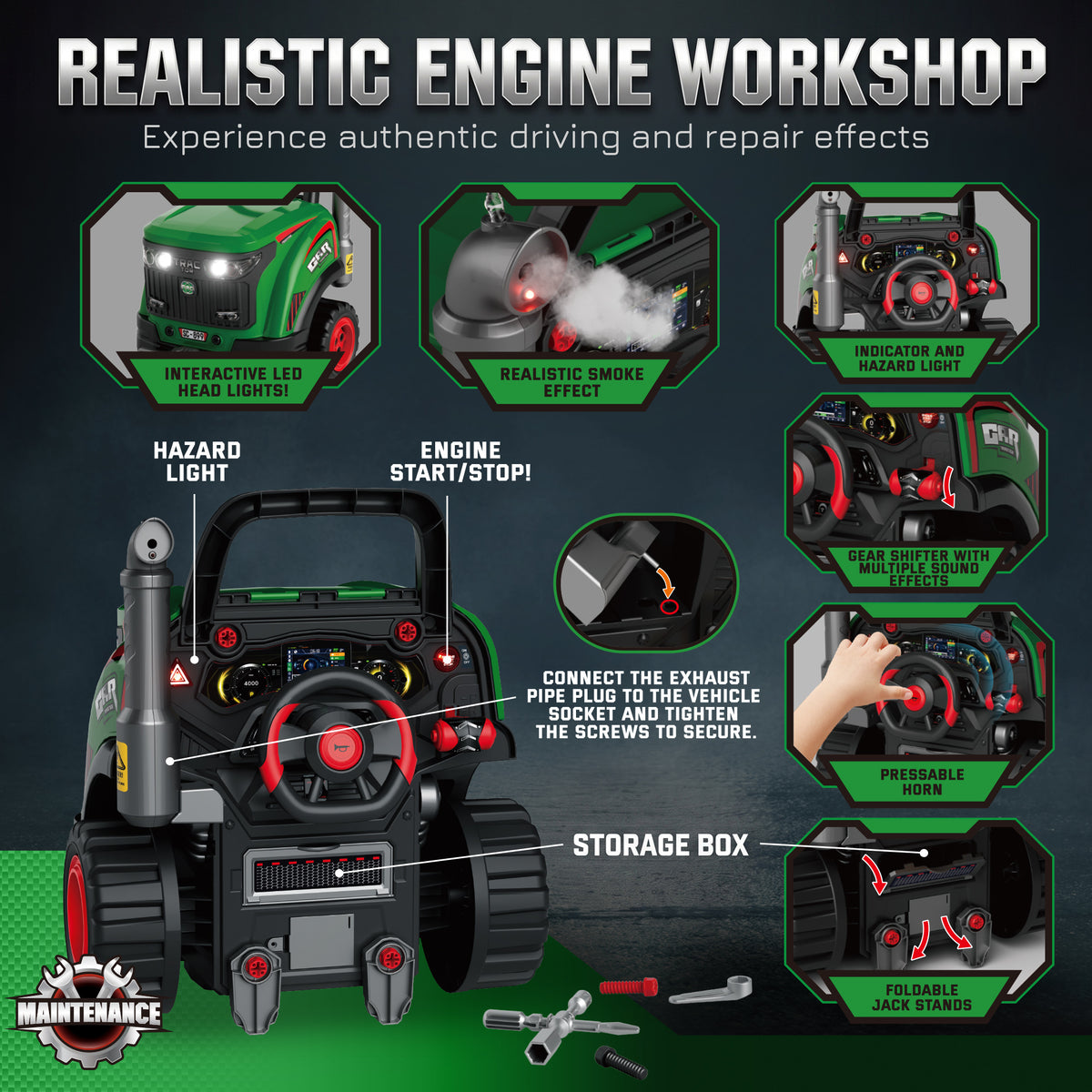 Kids Truck Engine Toy | Green Pretend Play Mechanic Workshop with 55 Accessories