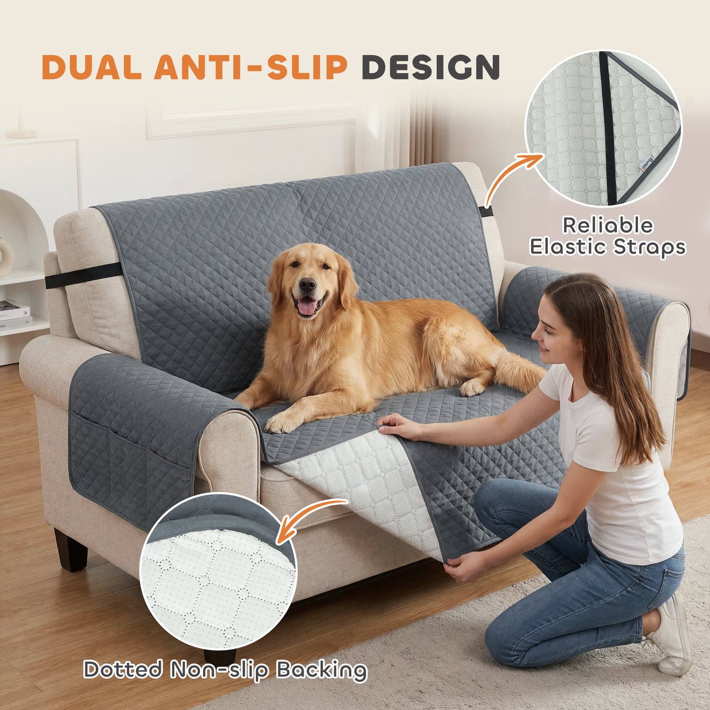 Waterproof 2-Seater Sofa Cover for Dogs, Cats & Pets | Non-Slip Backing & Elastic Straps | 2 Armrest Pockets | Machine Washable | Brushed Multi-Layer Fabric | 255x177cm | Grey