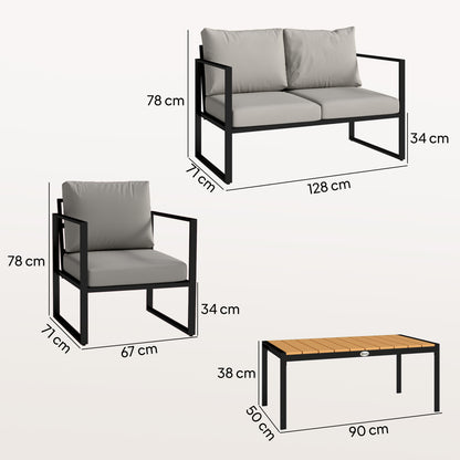 4-Piece Garden Sofa Set | Loveseat | 2 Armchairs | Slatted Plastic-Wood Coffee Table | Powder-Coated Frame | Zip Cushion Covers | Adjustable Foot Pads | 240kg Loveseat Capacity | Grey