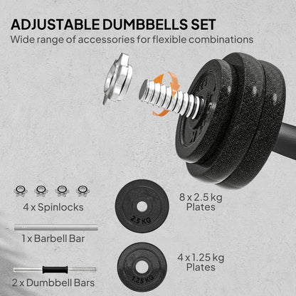 SPORTNOW 2-in-1 Adjustable Dumbbells Set, 30kg Weights Dumbbells Set with Non-Slip Grip for Strength Training, Weight Lifting, Bodybuilding, Home Gym Workout Equipment for Men & Women