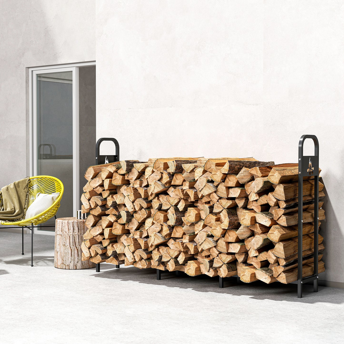 6.5 FT Steel Firewood Log Rack with 300 kg Capacity, Heavy Duty Indoor Outdoor Fireplace Wood Storage Shelf, Log Holder/Stand with Extra Support Legs, Decorative Bonfire Pattern, Black